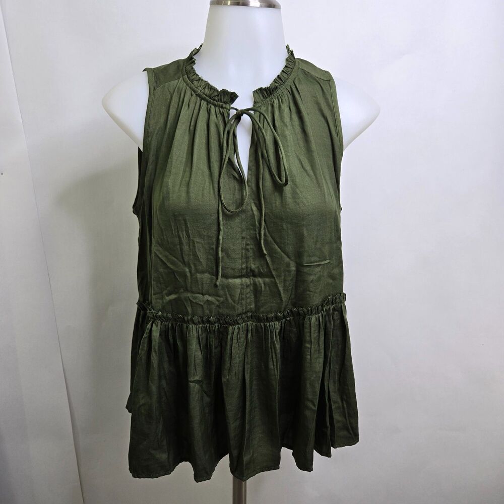 LOFT Olive Green Peplum Tank Top S Sleeveless Ruffle Tie Neck Boho Summer Blouse